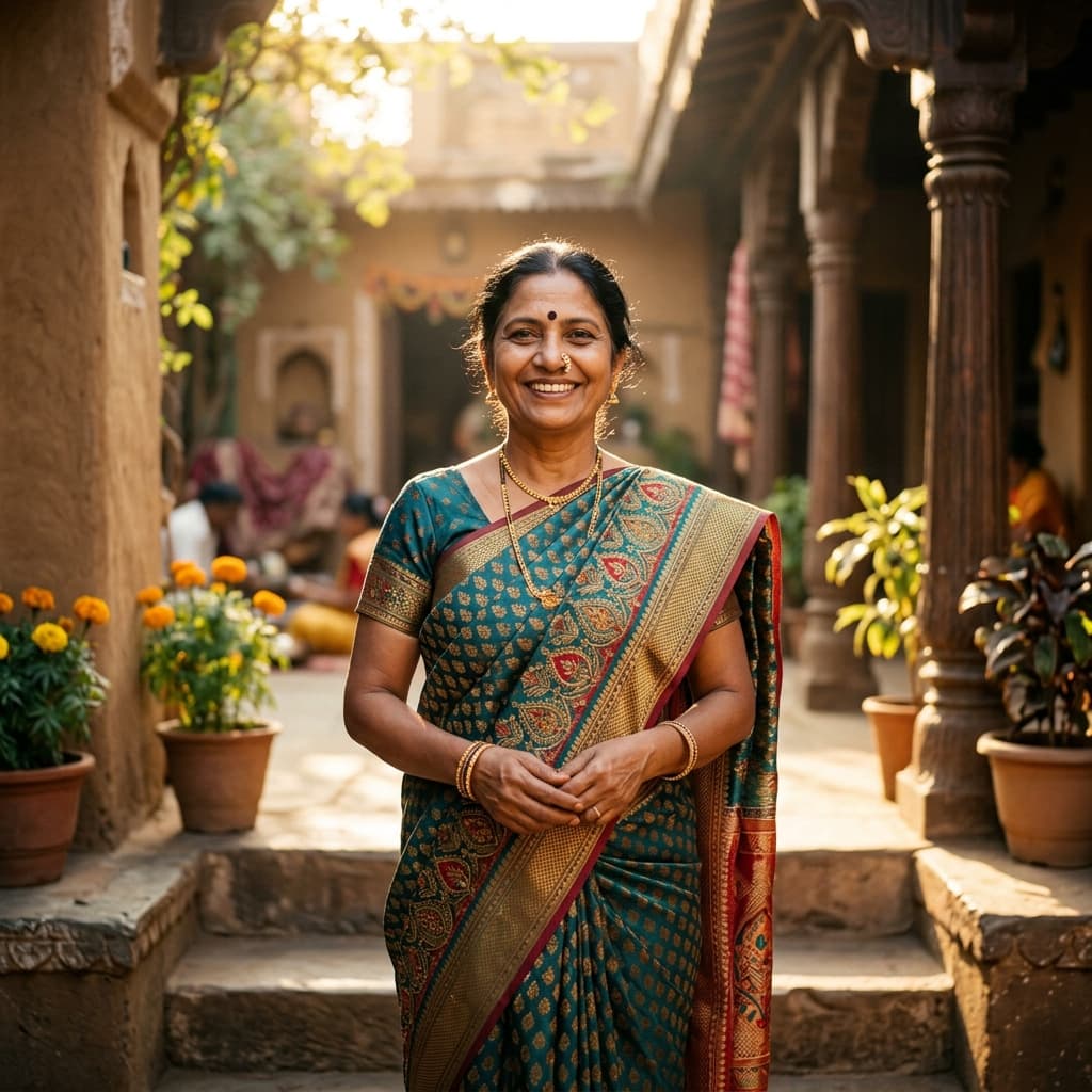 A dignified portrait of a smiling Indian woman in traditional clothing